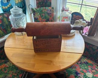 rolling pin, wood box , milk jar
