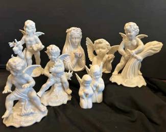 Ardalt Japan Virgin Mary And Angel Bisque Figurines With Dresden Germany Porcelain Angels