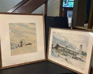 Pair Of Alpine Winter Scenes And Snowy Mountain Villages