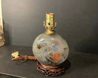 Vintage Asian Art Lamp With Floral And Bird Design