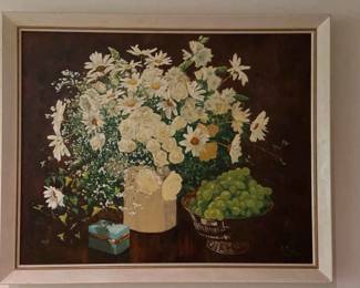 Framed Canvas Floral And Grape Acrylic Painting