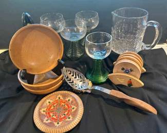 Vintage German Romer Glasses With Japanese Wooden Bowls Vintage Fruit Coasters Floral Pitcher