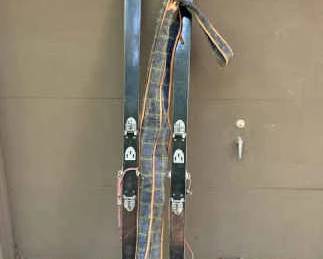 Vintage Alpine Skis With Cable Bindings And Ski Carrier