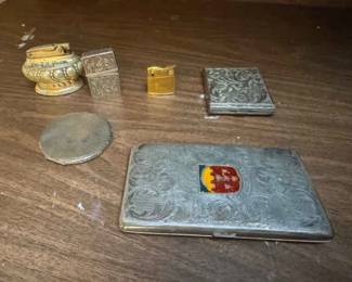 Vintage Silver Plated Cigarette Cases Lighters And Powder Compact