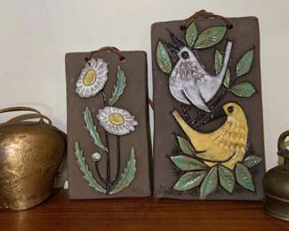 Vintage Bromma Ceramic Wall Plaques With 2 Brass Bells