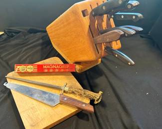 Wooden Knife Block With Cutco Knives And Authentic Deer Antler Knife Sharpener And More