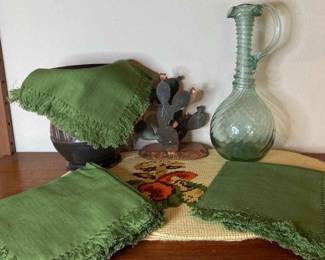 Mushroom Placematsdinner Napkins Glass Water Pitcher And Pottery Vase