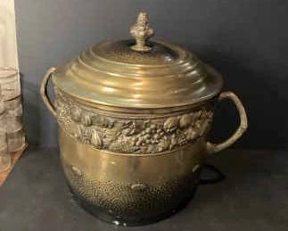 Brass Lidded Pot With Fruit Design And Large Round Brass Serving Tray