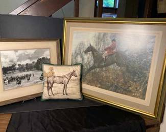 Framed Equestrian Prints With Horse Themed Decorative Pillow