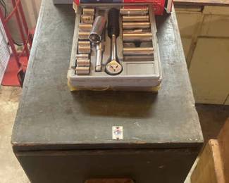 Vintage Wooden File Cabinet With Sockets Labeled Hardware Container