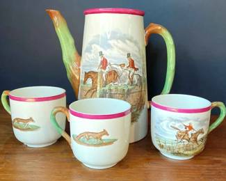 Copeland Spode England Red Rim Teapot And Three Teacups