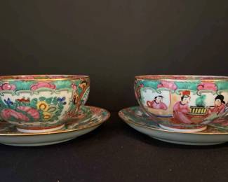 2 Antique Famille Rose Medellion Tea Cups