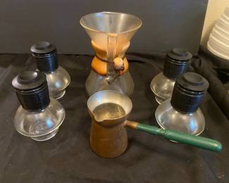 Vintage Coffee Pot With 4 Glass Hottles And Traditional Copper Pot