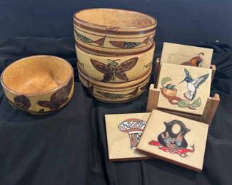 Vintage MCM Pottery Otagiri Set Of Three Speckled Bowls One Dip Bowl And Ceramic Coaster Set