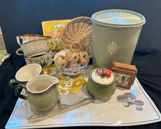 Kaj Franck Enamel Mushroom Bowl And Placemats With Vintage Tupperware Cloth Napkins And Pottery