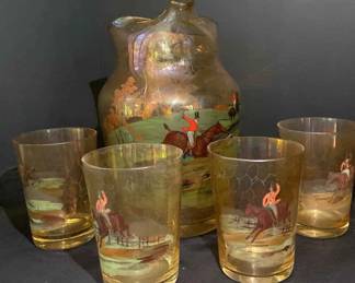 Vintage Hand painted Water Jug And Glass Tumblers With Huntsman Design