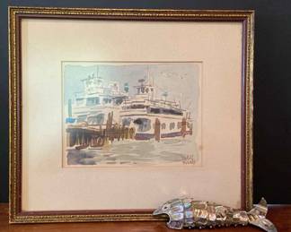 Charles Mulvey Watercolor Painting With Mother Of Pearl Fish Bottle Opener