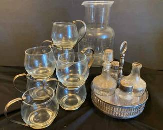 1940s Cruet Set And MCM Glassware With Silver Plated Handles And Pitcher