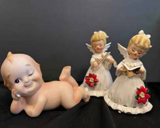 Lefton Kewpie Cupie Doll Porcleian Bisque Figure With Vintage Choir Christmas Angel Figurines