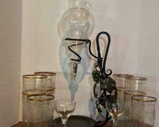 Vintage Wrought Iron Wine Dispenser With Bartlett Collins Frosted Grape Vine Glassware