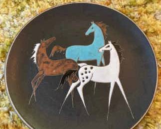 MCM Ceramic Decorative Equestrian Plate With Pewter Tin Horse Figurine