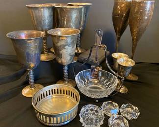 Val St Lambert Crystal Condiment Dish With Silver Plates Serving Ware Flask Ashtray And More