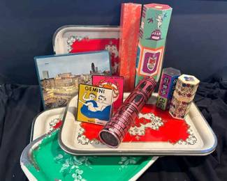 8 Vintage Metal Rolling Trays With Collection Of Matches