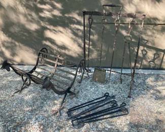 MCM Cast Iron Rooster Fire Wood Holder And Fireplace Toolset