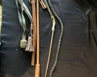 Vintage Bamboo Legged Stool With Tradtional Horse Whips