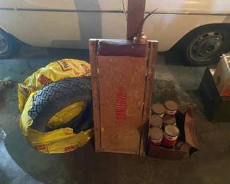Vintage Oil Can Studded Tires Box Of Car Oil Creeper