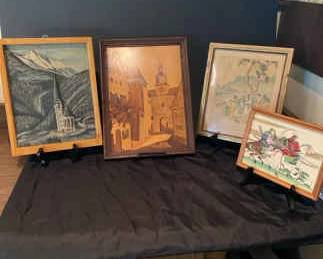 Framed Vintage Wood Inlay With Hand Painted Asian Artwork
