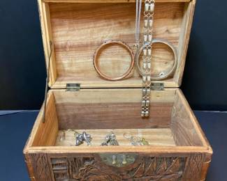 Vintage Costume Jewelry Collection In Hand carved Box