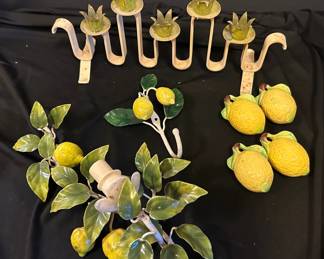 Vintage Lemon Decor Featuring Candlestick Holder Salt And Pepper Shakers And Wall Hook