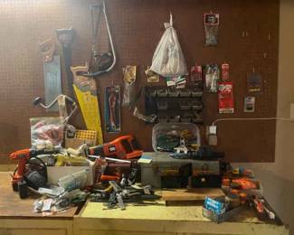 Mystery Lot Of Hand Tools Accessories Including Black  Decker Drill  Saw