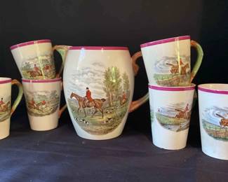 Copeland Spode England JF Herring Sen Series Red Rim Water Jug And Mugs