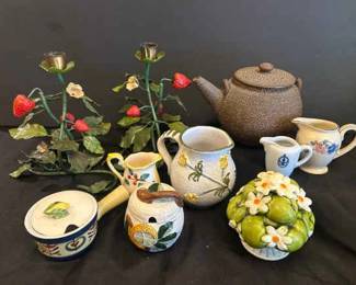 Pair Of Strawberry Italian Toleware Candler Holders With Vintage Japanese Jakatsu Teapot And More