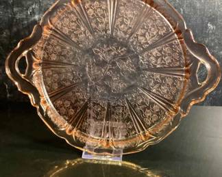 Pink Depression glass tray with handles Cherry Blossom patternJeannette Glass Company
