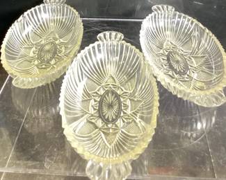 Set Of Three HazelAtlas Fans and Triangles pattern olive dishes
