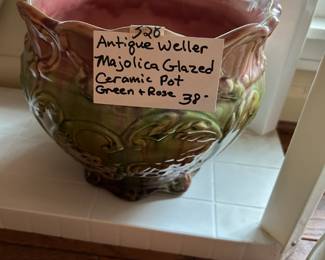 #328	Antique Weller Majolica Glazed Ceramic Pot. Green/Rose	 $38.00 
