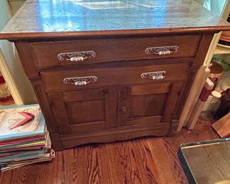 #28 Wood Antique Side Table w/pegs w/2 drawers & 2 doors - 32x19x29 $125.00