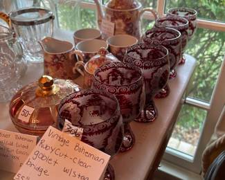 #306	Vintage Bohemian Ruby cut clear goblet w stag bridgeset of 6	 $150.00 
