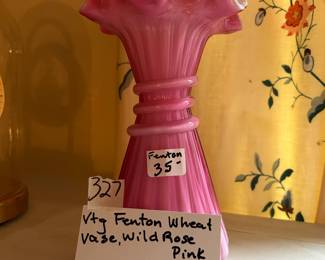 #327	Vintage Fenton Wheat Vase. Wild Rose, Pink	 $35.00 
