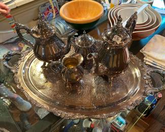 #276	Baroque by Wallace Serving Tray (29x17)  w/Coffee, Tea, sugar & creamer 	 $100.00 
