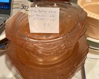 #302	Pink Indian Glass 5 Bowls, 8 Plates	 $52.00 
