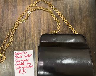 #93	Authentic Back Leather Ferragamo Shoulder Bag w/gold chain	 $125.00 
