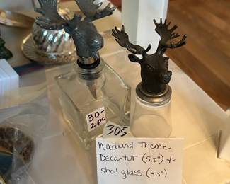 #305	Woodland theme decantur 5.5"w shot glass 4.5"	 $30.00 
