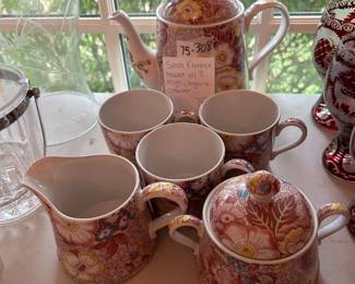 #308	Spode "Florence" teapot w 3 mugs, sugar & creamer set of 6	 $75.00 
