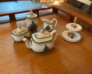 #301	Spode Miniature Coffee Pot, 2 tier Serving Piece, sugar & creamer & Cookie Jar (no chips)	 $100.00 
