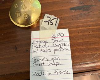 #251	Vtg. Jean Paatou Compact w/solid perfume Swivels open Great Shape - Made in France	 $20.00 
