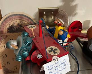 #168	German Fokker DR 1 Wood Plane w/Reuger Music Box - made in Germany, Smoker	 $85.00 
